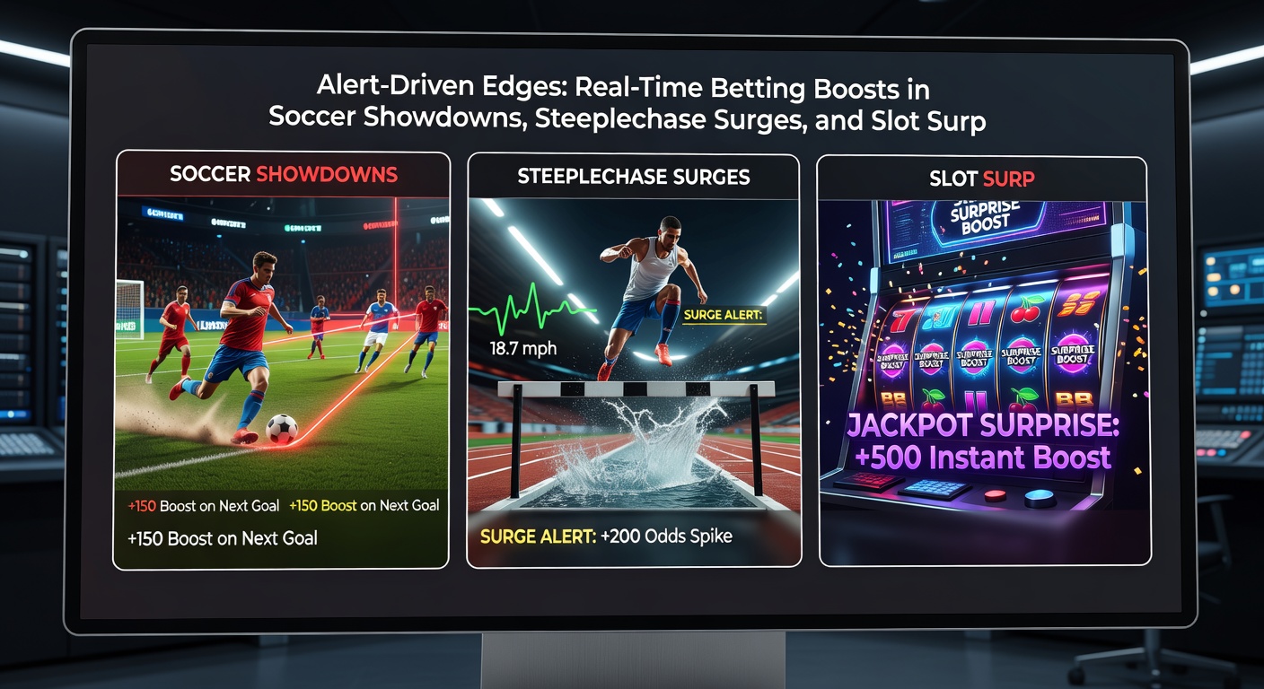 Close-up of a bettor's phone screen exploding with alerts: soccer goal-line tech overlay, a steeplechase horse mid-jump with flashing odds, and slot reels aligning for a bonus hit