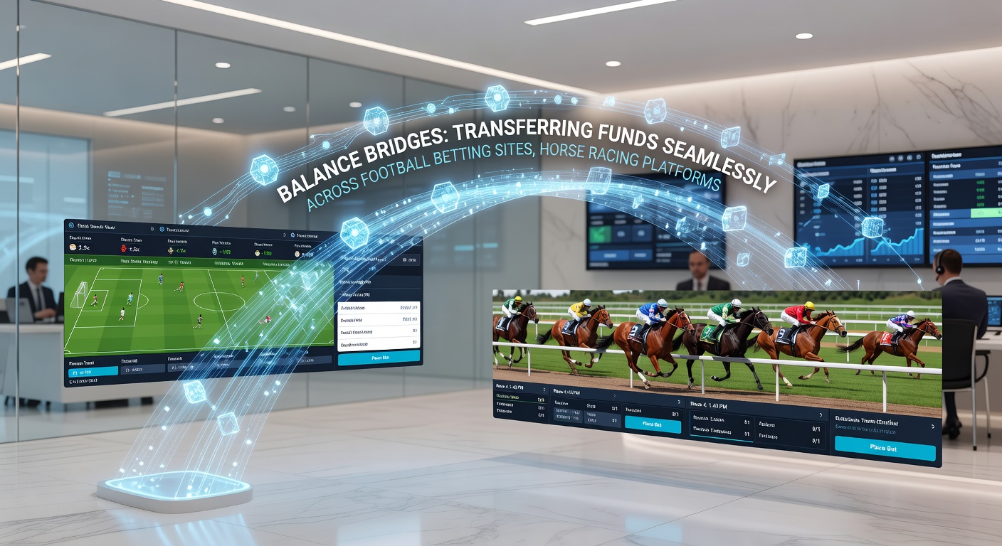 Screenshot of a betting app interface displaying a balance transfer menu between soccer odds, horse racing selections, and casino games, highlighting instant seamless connectivity