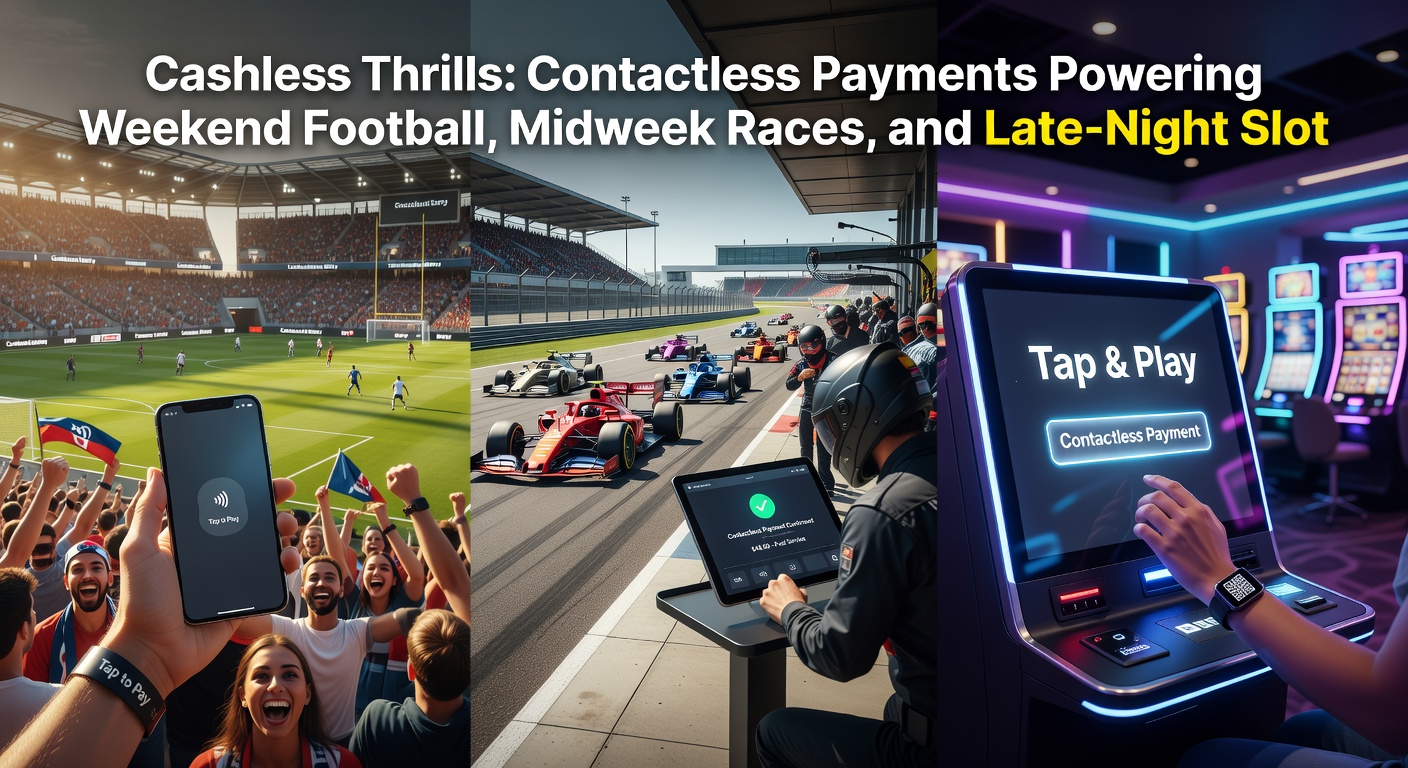 Horse racing track at dusk with bettors using contactless cards at betting windows under floodlights