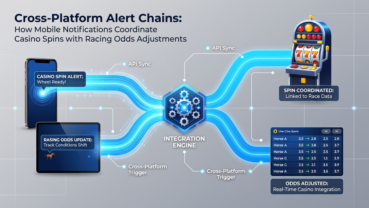 Illustration of interconnected mobile alert systems linking casino, racing, and football betting interfaces
