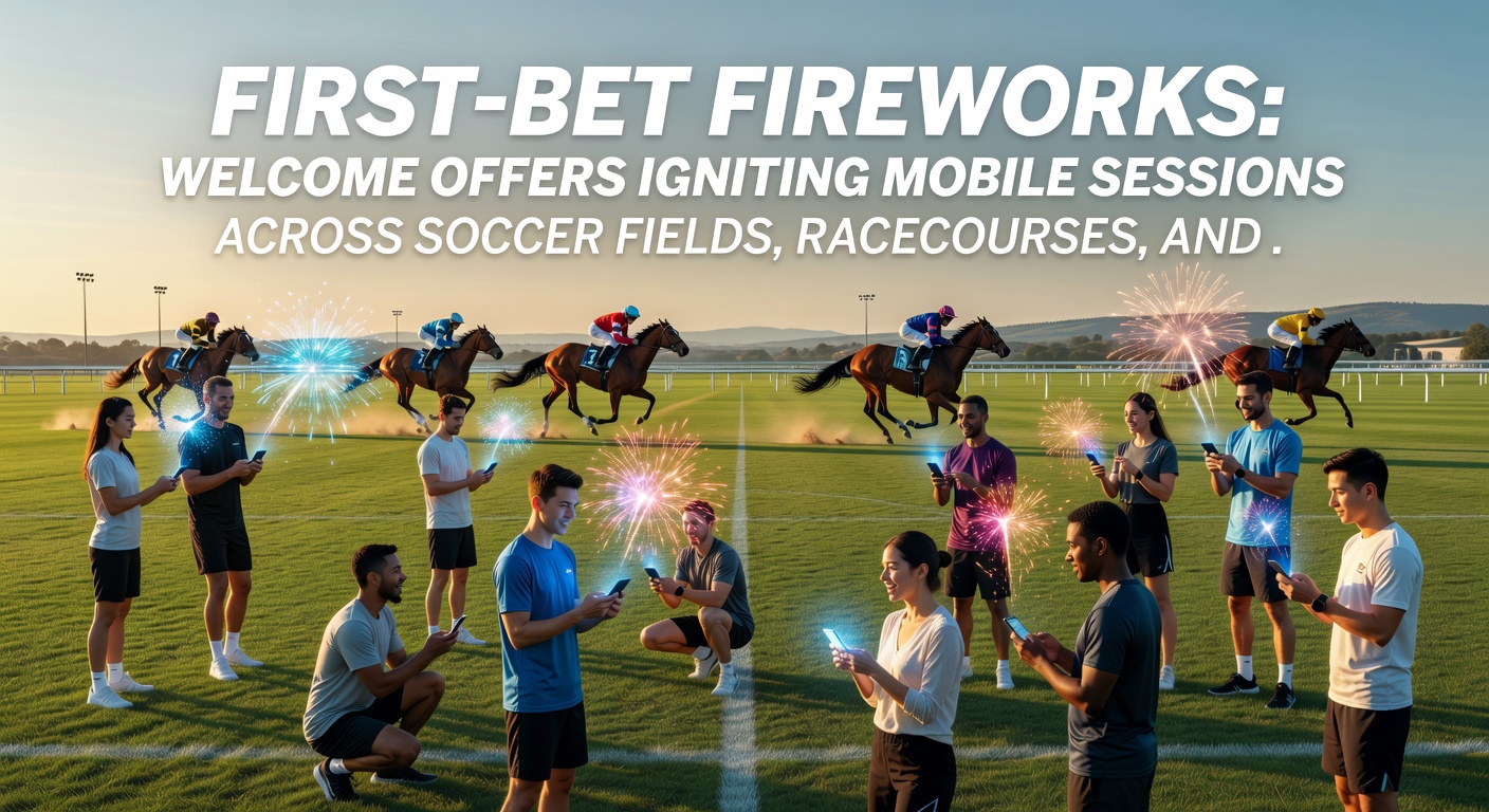 Dynamic split-view of a horse race finish line on mobile, overlaid with first-bet bonus notification and casino table game interface
