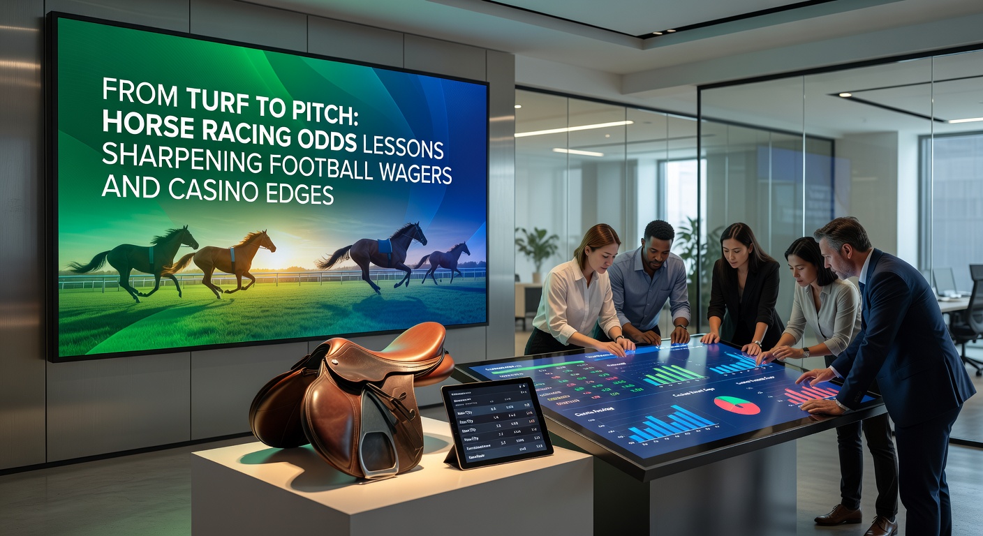 Split-view graphic showing a close horse race finish, a tense football penalty kick, and spinning casino slots, connected by probability charts and odds calculators