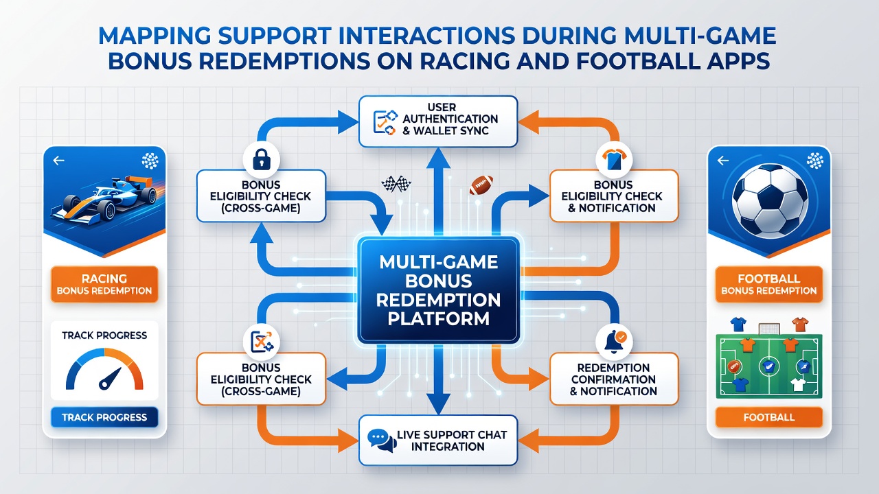 Detailed flowchart showing support interactions for multi-game bonuses in football and racing apps