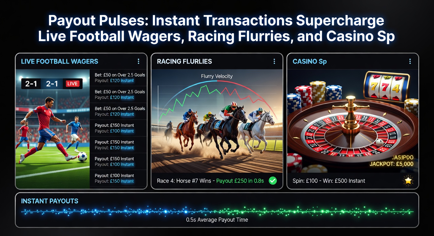 High-speed horse racing action with blurred horses thundering down the track, digital payout notifications exploding on screen like speed pulses amid betting frenzy