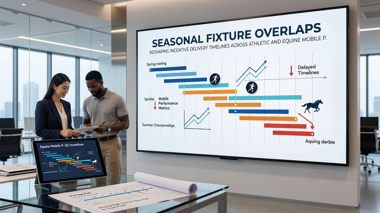 Analytics dashboard showing seasonal fixture overlaps and corresponding incentive timeline adjustments for sports and racing apps