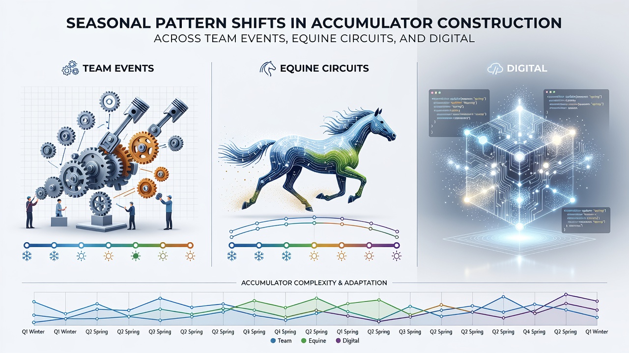 Infographic showing data trends in accumulator construction for team events, equine circuits, and digital tables during seasonal transitions